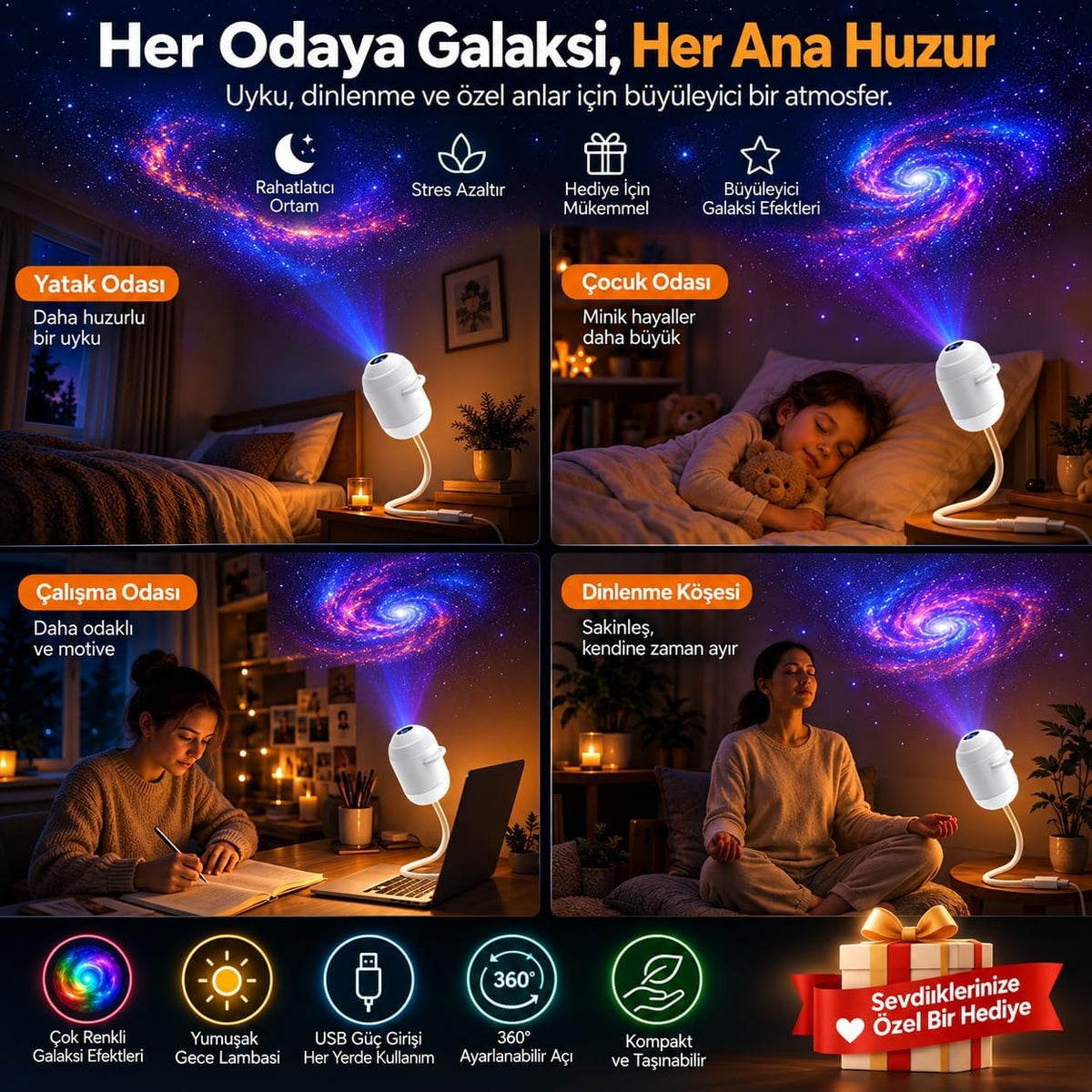 12 Diskli Galaksi Projektörü – Yıldız ve Gökyüzü Gece Lambası