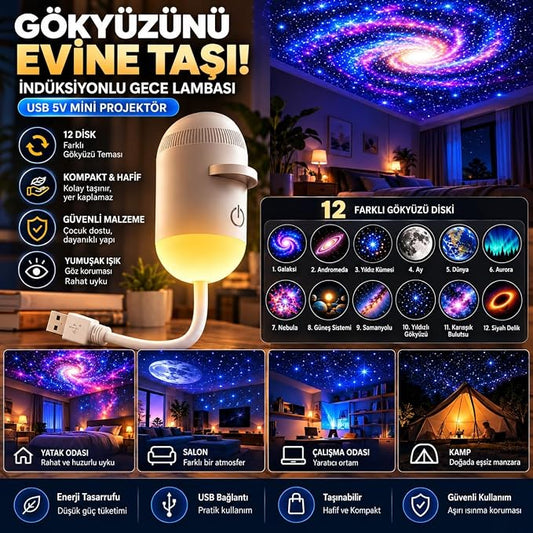 12 Diskli Galaksi Projektörü – Yıldız ve Gökyüzü Gece Lambası