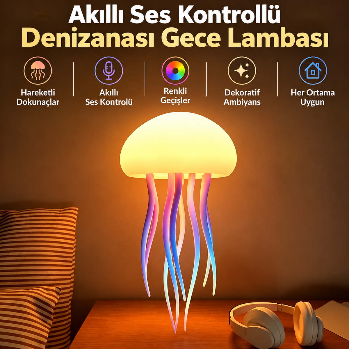 Akıllı Ses Kontrollü Denizanası Gece Lambası – Renkli Ambiyans Aydınlatması