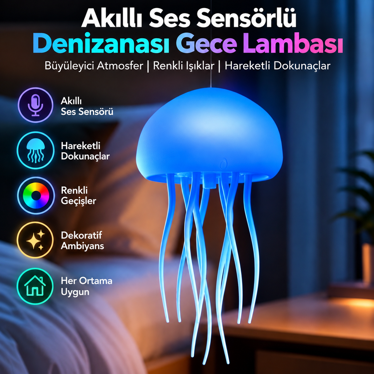 Akıllı Ses Kontrollü Denizanası Gece Lambası – Renkli Ambiyans Aydınlatması